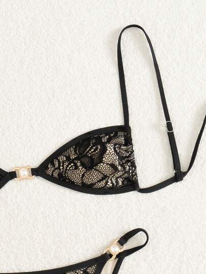 Conjunto de bikini para mujer con material de encaje, tirantes ajustables, lazo y decoración de perlas, para el verano y las vacaciones en la playa