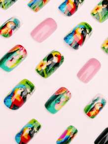 24pcs Elegant Cute Parrot Detachable Nail Stickers Press On Nails