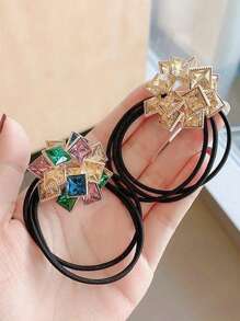 1pc Elegant New Zinc Alloy Square Rhinestone Stretch Hair Tie Ponytail Holder, Suitable For Ladies Everyday Wear, Party, Gathering,Hair Accessories,Hair Elastics,Hair Ties,Hair Rope Ponytail Holders, Hair Bobbles ,Gym Sport Outfit Head Accessories