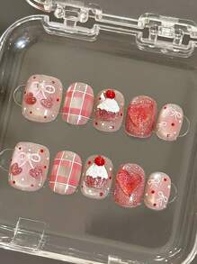 10 件可爱甜樱桃奶油顶迷你蛋糕美甲，粉色猫眼蝴蝶结，经典格子，手工制作，可重复使用指甲贴片按压式指甲美甲用品 - 彩色 - 查看 3