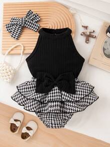 Baby Girls Cute Sleeveless Black Crop Top & Houndstooth Bow Ruffle Hem Romper & Headband Summer Outfit Set