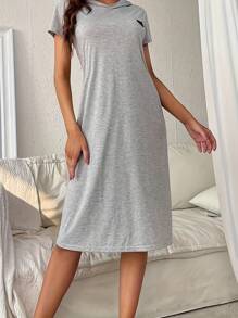 Women's Hooded Short-Sleeve Sleepshirt - Soft & Comfortable Gray Nightgown For Spring & Summer, Relaxing Lounge Wear For Home - Grey - View 3