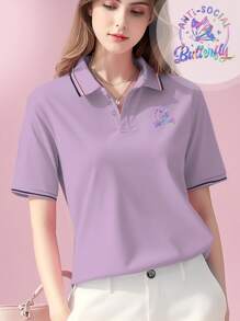 女式 Polo 衫，创意设计，透气面料，短袖 T 恤，夏季 - 淡紫色 - 查看 1