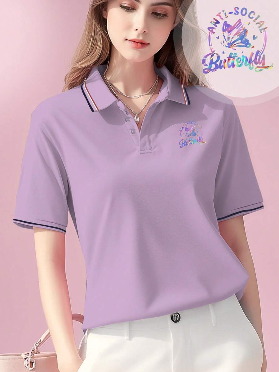 女式 Polo 衫，创意设计，透气面料，短袖 T 恤，夏季 - 淡紫色 - 查看 1