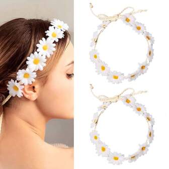 2pcs Ladies Artificial Flower Daisy Headband Retro Pastoral Style 11 Chrysanthemums Braided Garland Headband Wedding Photography Garland Headdress
