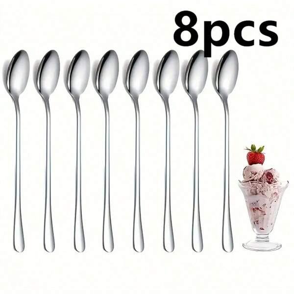 2/4/8pcs Stainless Steel Long Handle Iced Tea Spoon, Coffee Spoon, Ice Cream Mixing Spoon, Dishwasher Safe, Kitchen Accessories, Utensil Set Stainless Steel Iced Tea Spoons, Cocktail Mixing Spoons, Suitable For Home, Kitchen, Cafe, Bar