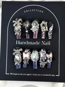 10 stuks handgemaakte lange doodskistnagels, azuurblauwe violette holografische strass-bling elegant en schattig ontwerp, geschikt voor meisjes en dames, geweldig voor Y2K, Instagrammable en glamoureuze slijtage op nagels