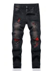 Jeans Denim Casuais Desfiados de Patchwork Xadrez Lavados para Meninos Pré-Adolescentes