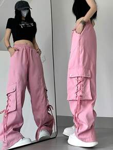 Women's Loose Fit Solid Color Cargo Pants With Tie Details