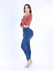 ZYANYA Jeans Mezclilla Levanta Pompas Vaqueros ajustados,  Jeans Ajustados Elegantes para Mujer con Bolsillos Diagonales, Versátiles y Cómodos - Azul - Ver 2