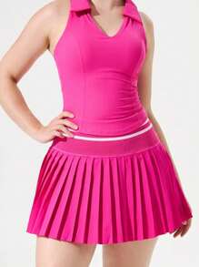 Women Spring/Summer High Waist Pleated Pocket Tennis Skirt, Lightweight Solid Color Pleated Skirt, 2-In-1 Appearance Women Elastic Waist Running Workout Yoga Shorts Women Pink Solid Color Midi Skirt