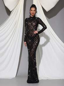 Modphy Vestido de Body entero de manga larga de malla transparente con lentejuelas y strass - Vestido de dama de honor de lujo para boda, fiesta, eventos, invitado de boda, vestido de noche