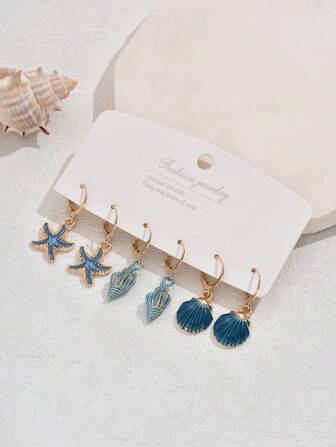 3 对海星、贝壳、蜗牛形油滴耳环套装，女士可爱海滩度假珠宝套装