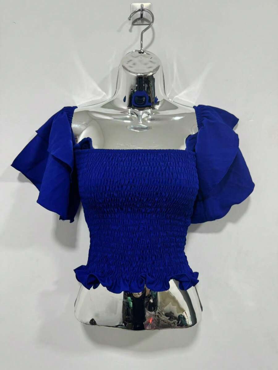 Cropped Lastex Women's  Long Sleeve Women's Cropped Blouse Various Colors Strapless - 寶藍色 - 查看 1