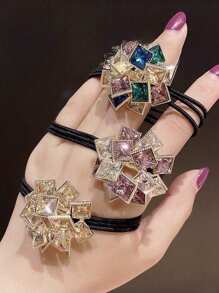 1pc Elegant New Zinc Alloy Square Rhinestone Stretch Hair Tie Ponytail Holder, Suitable For Ladies Everyday Wear, Party, Gathering,Hair Accessories,Hair Elastics,Hair Ties,Hair Rope Ponytail Holders, Hair Bobbles ,Gym Sport Outfit Head Accessories