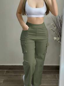 女式纯色休闲工装裤，带口袋，适合春秋冬季 - 軍綠色 - 查看 1