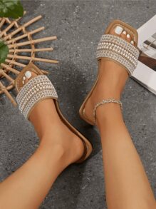 Women's One-Toe Strap Rhinestone Decor Sandals, Summer Casual Versatile Outdoor Flat Plastic Slippers - Khaki - View 2