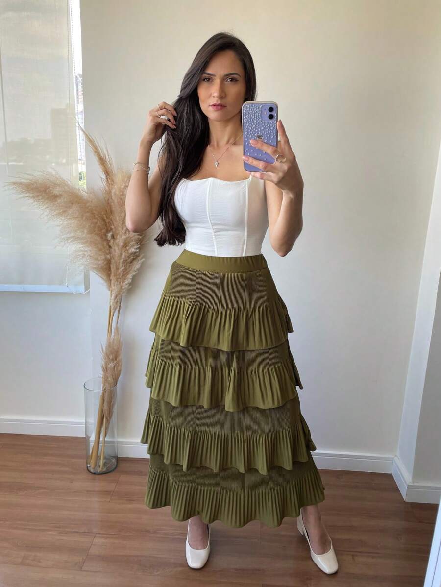 Pleated Skirt With 4 Ruffles, 4 Marias, 4 Layers - Olive Green - View 1