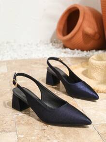 Fall/Winter Pointed Toe High Heel Sandals, Women's Closed Toe Backstrap Satin Platform Chunky Heel Summer Shoes, 2025 New Arrival, Elegant - Navy Blue - View 6