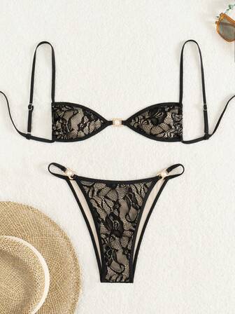 Lace Material Adjustable Straps Tied Bow Pearl Decor Women's Swimwear Bikini Set, For Summer Beach Vacation