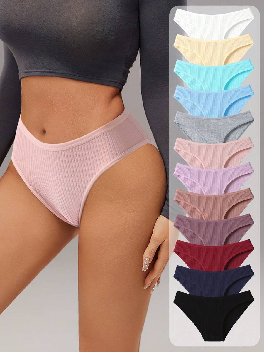 12pcs Full Coverage Briefs, Solid Soft Underpants Women's Simple Fashion Classic Cotton Thong Designed Seamless Bikinis Ladies Underwear, Can Be Worn For Sports Work And Party For Summer Halloween Costumes For Women For Winter - 彩色 - 查看 1