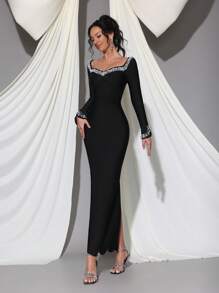 Modphy Black Long Sleeve Luxury Handmade Pearl Embellished Bodycon Bandage Dress, Elegant Bridesmaid Dress For Formal Wedding, Party, And Banquet,Gown,Evening,Wedding Guest