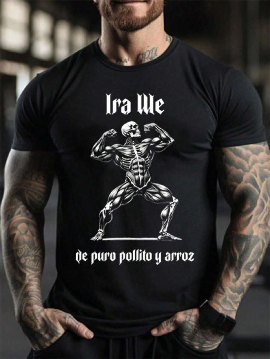 PLAYERA CAMISETA MEMES CALAVERA GYM Y URBAN CALACAS CHIDAS CABALLERO DE PURO POLLITO - Negro - Ver 1