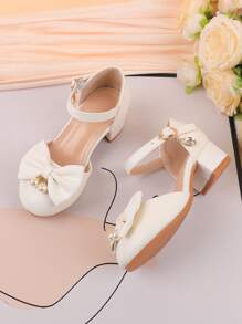 女童白色高跟粗跟正装鞋，适合正式场合、公主、舞蹈、芭蕾、婚礼、派对，适合夏季穿着，适合幼儿、小孩和大孩子