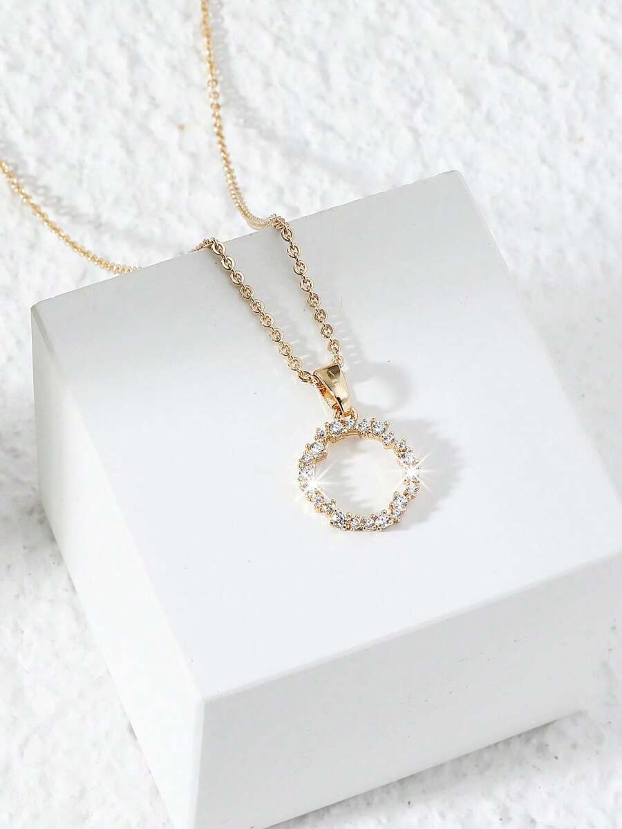 1pc Women Copper Inlaid Geometric Open Circle Pendant Necklace