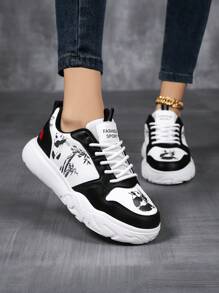 Women Cartoon Print Casual Sports Shoes - Lace-Up Low-Top, Breathable Fabric Lining, Anti-Slip Outsole, Suitable For Outdoor Activities All Seasons - White and Black - View 3