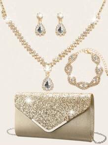 Schmuckset mit Strass, glitzernde Halskette, Ohrringe, Armband Set für elegante, funkelnde Glitzerclutch, Umschlagkuvertasche, Handtasche für Frauen Abendessen, V-förmige Klappenumschlag-Clutch, Clutch Hochzeitsfeier Braut Handtasche