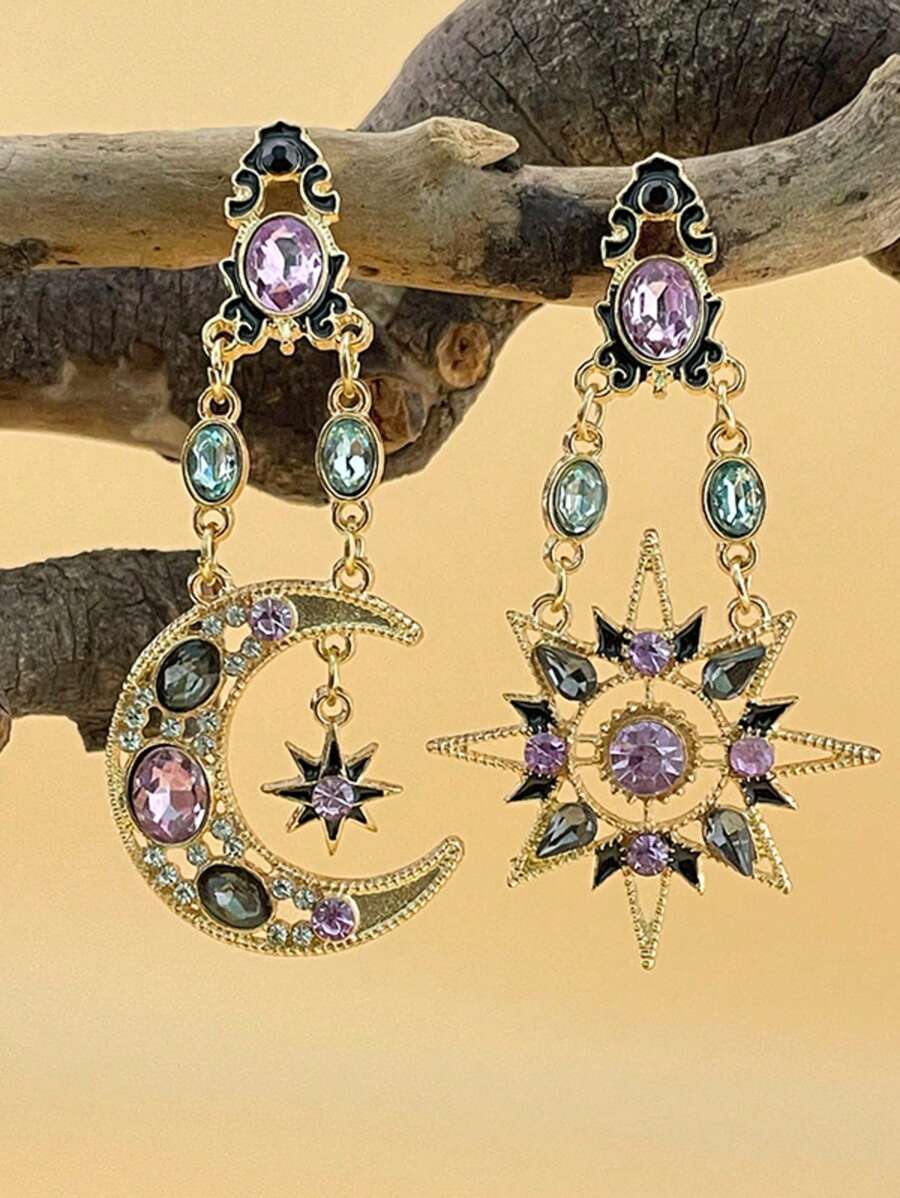 新款巴洛克风格夸张日月不对称长耳环，复古女士耳环礼物 - 金色 - 查看 1