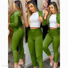 Blazer saco corto tipo crop top cuello camisero pantalón Skinny ajustado 2 piezas conjunto set - Verde - Ver 2