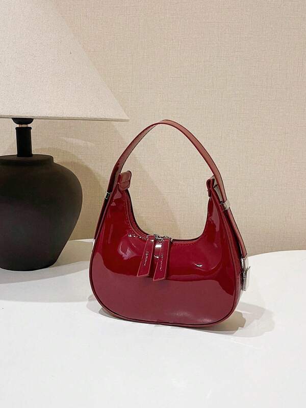 New Mini Patent Leather Adjustable Strap Shoulder Bag Underarm Crescent Bag Versatile Fashion Women's Bag Casual Bag Christmas Gift Party Avant-Garde Minimalist