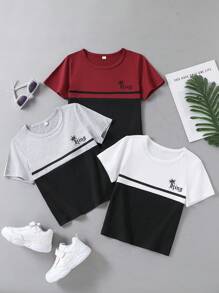 3pcs/Pack Young Boy Casual Slogan Print Colorblock Short Sleeve Crew Neck T-Shirts, Suitable For Sports, Leisure And Daily Outdoor Wear, Summer