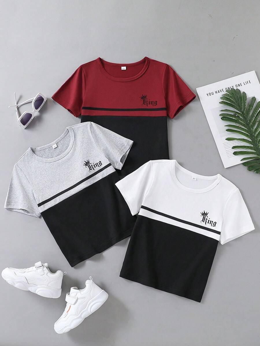 3pcs/Pack Young Boy Casual Slogan Print Colorblock Short Sleeve Crew Neck T-Shirts, Suitable For Sports, Leisure And Daily Outdoor Wear, Summer
