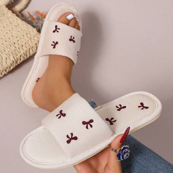 نساء نعال منزلية مطرزة بفيونكة للارتداء بسهولة، نعال منزلية من القماش، نعال نسائية بكعب منخفض للارتداد، نعال للاستخدام المنزلي، نعال سيدات