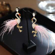 1 par de pendientes de flamingo artificial con cuentas, decoración de rhinestone, moda personalizada para fiesta de mujer