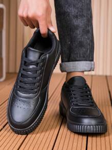 Trending Fashion White Sneakers For Men, New Versatile Casual Sports Shoes, Fashionable Casual Flat Lightweight Soft Sole Student Military Training Travel Shoes - Black - View 2