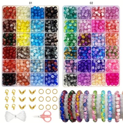 360pcs/720pcs 8mm Two-Color Gradient Crackle Glass Beads Jewelry Making Kit With Scissors, Elastic Wire, Jump Rings For Friendship Bracelets, Earrings, Necklace Jewelry Making, Daily Use Gift Beading Set (Random Colors)