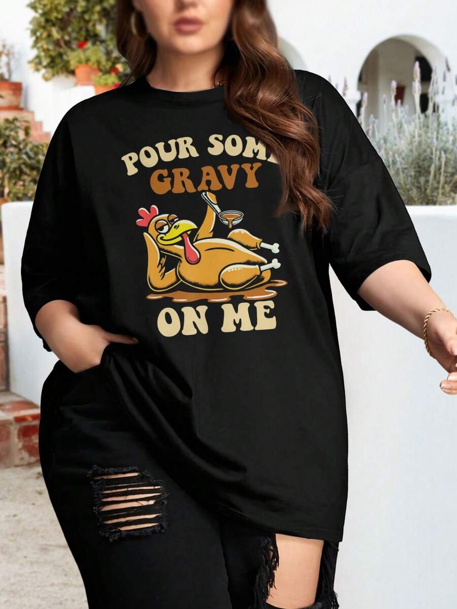 Funny Thanksgiving Turkey Oversize Women T-Shirt Pour Some Gravy On Me (Cute Oversize For Women) - Black - View 1