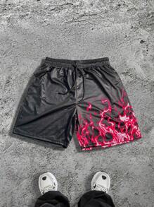 KOVSEE Quần short thể thao lưới thoáng khí, dài đến đầu gối, kiểu dáng bóng rổ Mỹ, in hình ngọn lửa, thích hợp cho tập thể dục, chạy bộ, màu hồng mùa hè. - Hồng - Xem 2