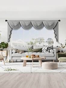 1pc Grey Fringed Curtain, Modern Business Style Imitation Linen Material Short Valance, Suitable For Living Room, Bedroom, Kitchen Window And Door Decoration