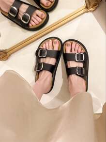 2025 夏季女士休闲皮革扣环一脚蹬凉鞋，复古简约沙滩拖鞋，时尚低跟户外凉鞋 - 黑色 - 查看 6