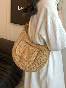 Fashionable Retro Large Capacity Woven Beach Bag, Shoulder Crossbody Straw Bag For Vacation, Eye-Catching Beach Bag Summer, Summer Straw Beach Bag For Women, Fashion Summer Vacation Bag, Beach Essentials Women Bags For Vacation & Holiday