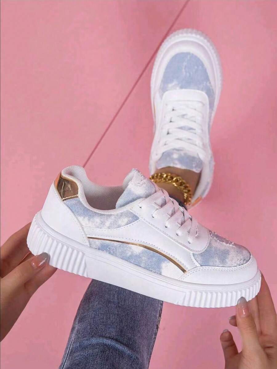 Zapatos deportivos casuales con cordones y patchwork para mujer, estilo callejero, con diseño transpirable y ligero, patrones aleatorios