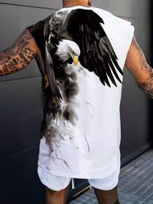 男士卡通老鹰印花背心，休闲假日 T 恤，适合外出和街头穿着