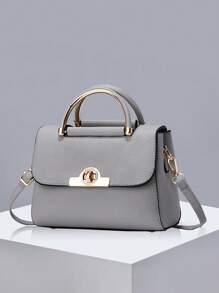 金属装饰方形手提包、翻盖拼色单肩包、女式带扣装饰单肩包、女式小号斜挎钱包和手提包、PU 皮革翻盖钱包 - 淺灰色 - 查看 2