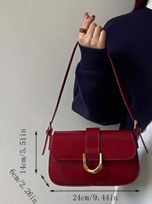 Bolso bajo el brazo vintage de alto nivel con hebilla en forma de herradura patentado brillante, bolso de hombro/cruzado burdeos y negro