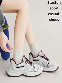 1 Pair Women's Spring/Autumn New Style Sports Chunky Chunky Sneakers, Lace-Up Mesh Breathable Platform Low Vamp Wedge Heel Casual Shoes, Lightweight Versatile Fashionable Casual Sneakers, Lace-Up, Milky White